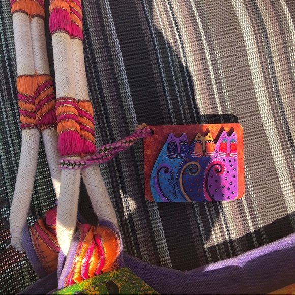 Laurel Burch Large Tote Bag 19" - Colorful Cats Feline Art Print - Canvas Bag - Picture 7 of 16
